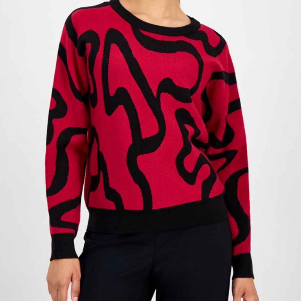 NWT TAHARI Red Black Abstract Graphic Sweater SP/ S Statement Knit Retail 78$